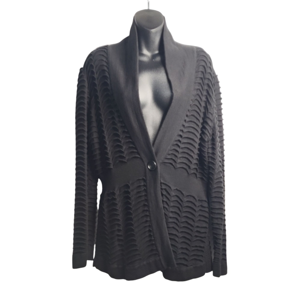 Nic + Zoe Women's Scale Knit Sweater Cardigan Black Textured Cotton Blend Sz L
